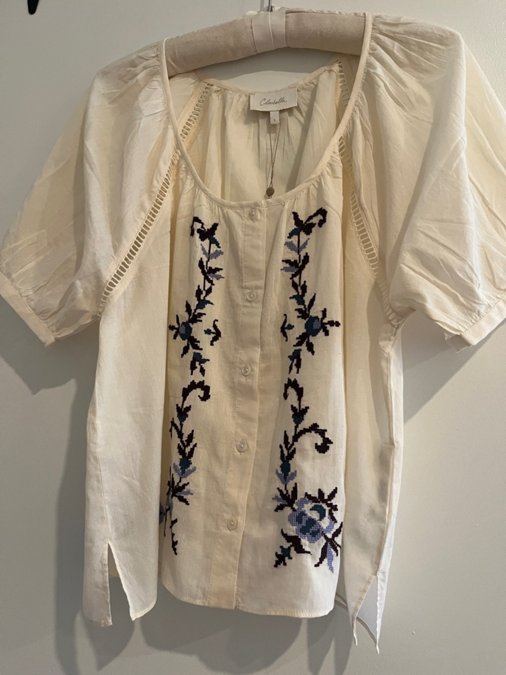 Cleobella Cream Button-Front Blouse with Blue Embroidery